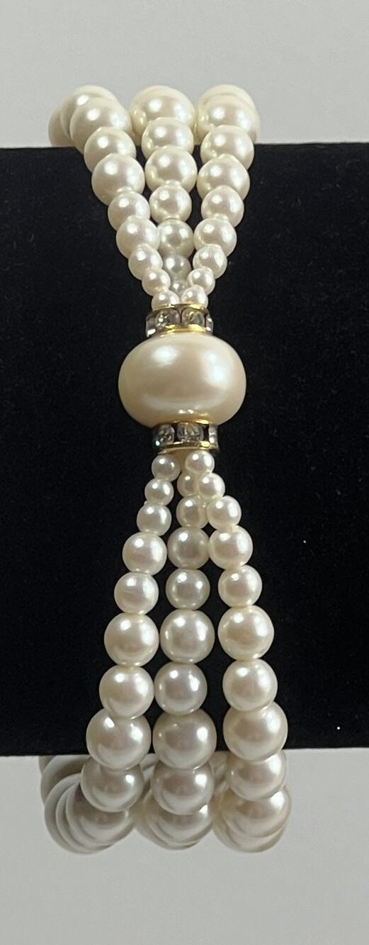 3 Strand Faux Pearl Bracelet w/ Large Faux Pearl & Rhinestone Center Focal Point